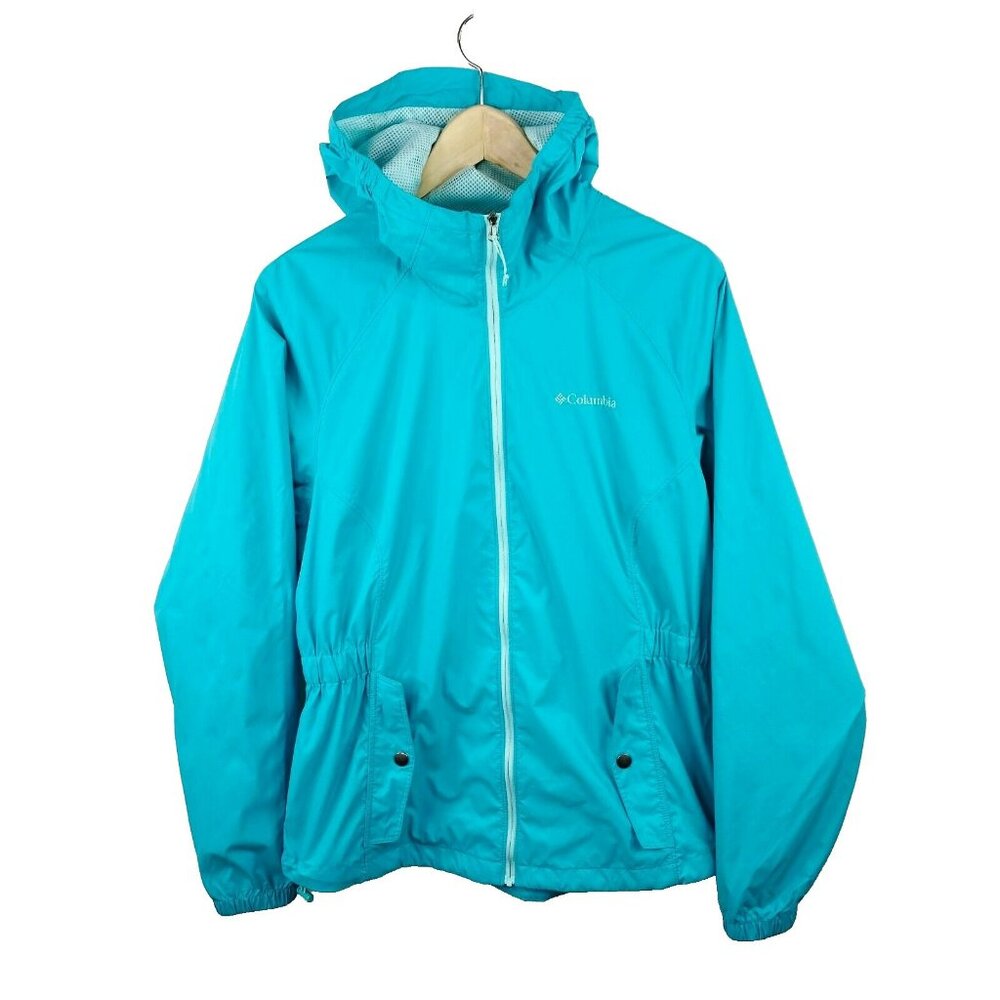 COLUMBIA Windbreaker Jacket Womens Size Medium Blue Hooded Nylon Outdoor Rain